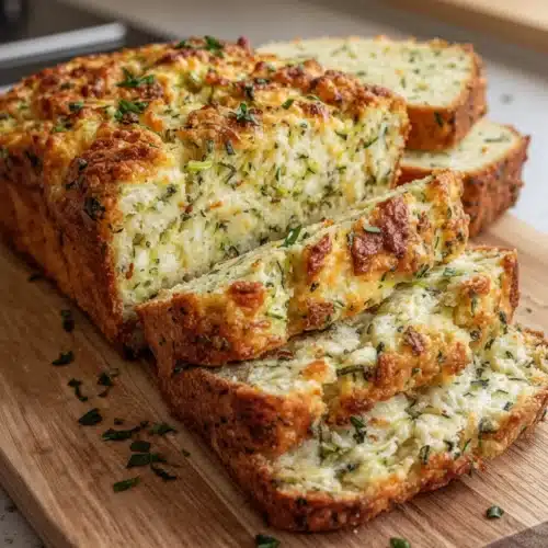 Sliced zucchini cheese bread on wooden board with fresh herbs