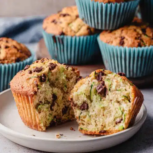 Zucchini Chocolate Chip Muffins: A Delightful Treat 1 Zucchini chocolate chip muffins in blue liners on a plate, one half-eaten