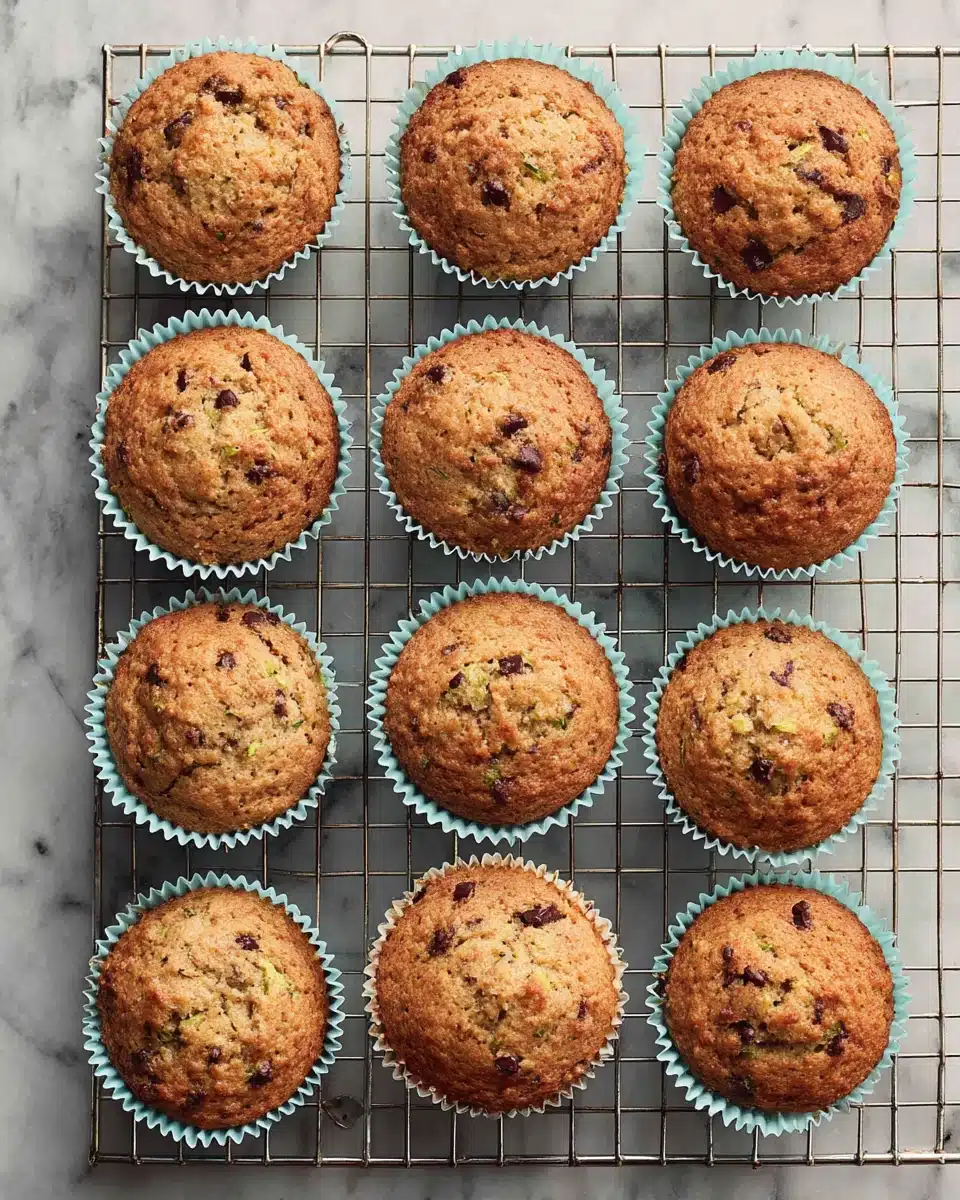Zucchini Chocolate Chip Muffins Cooling on Wire Rack Zucchini chocolate chip muffins cooling on a wire rack