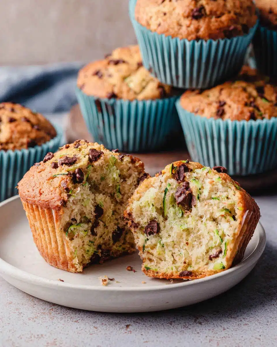 Moist Zucchini Chocolate Chip Muffins with Chocolate Chips and Walnuts Zucchini chocolate chip muffins in blue liners on a plate, one half-eaten
