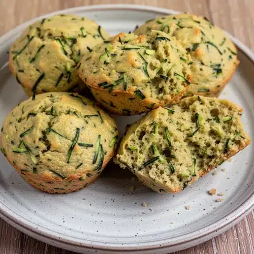 Baby-friendly zucchini muffin held in hand, showing moist interior with green zucchini bits