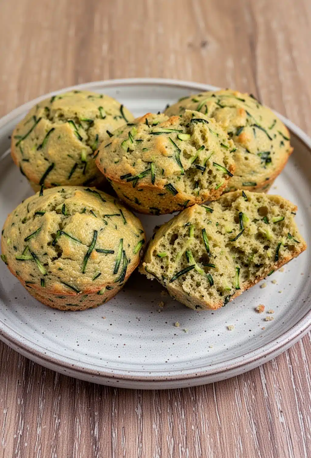 Baby-friendly zucchini muffin held in hand, showing moist interior with green zucchini bits