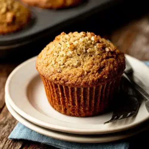 Zucchini muffins with walnuts and vanilla on a white plate, golden-brown and moist