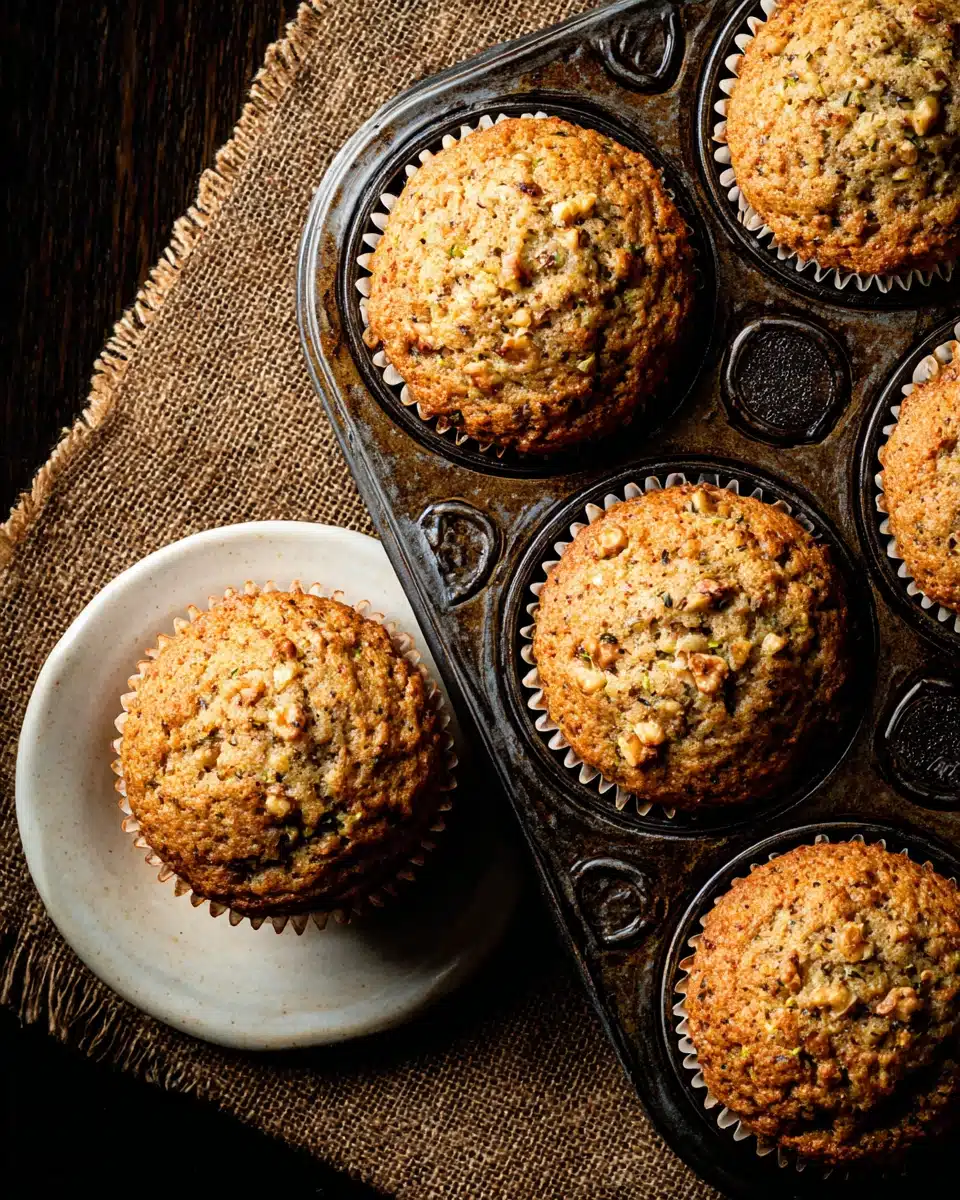 Zucchini muffins with walnuts and vanilla in a muffin tin and on a white plate