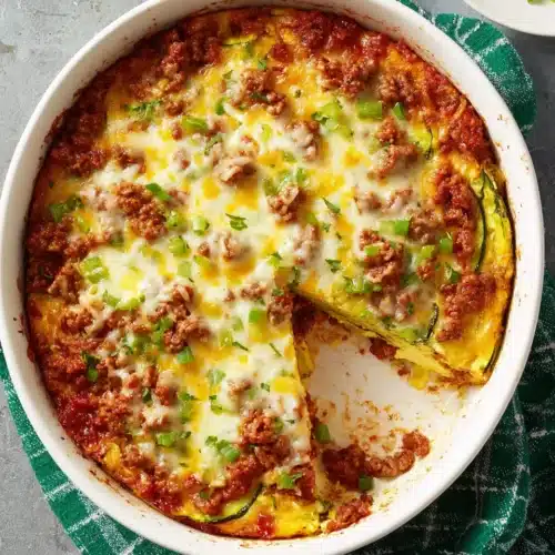 Zucchini Pizza Casserole: A Delicious Low-Carb Delight 1 Zucchini pizza casserole with melted cheese and bell peppers in a white dish