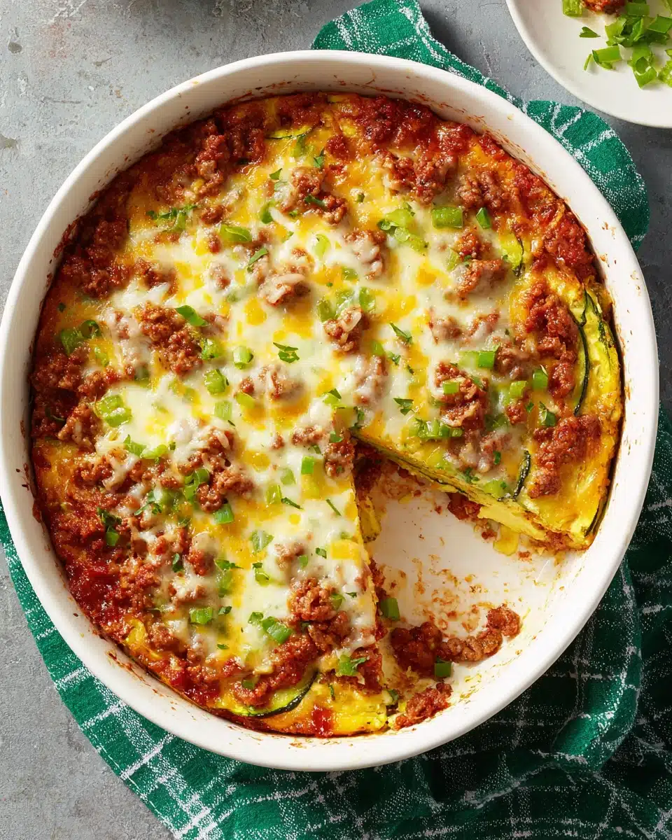 Zucchini Pizza Casserole with Cheese and Peppers Zucchini pizza casserole with melted cheese and bell peppers in a white dish