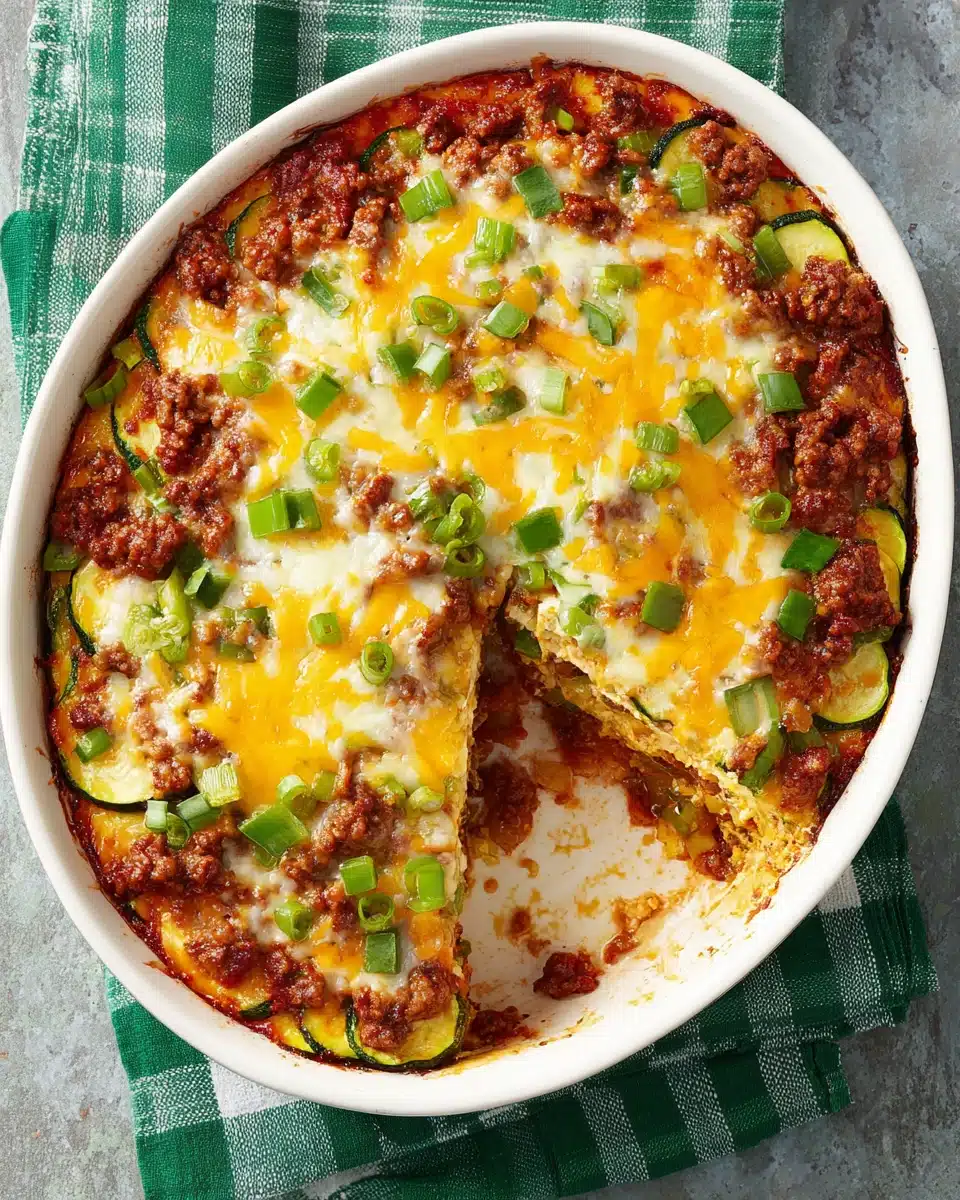 Zucchini Pizza Casserole with Cheese and Peppers Zucchini pizza casserole with melted cheese and bell peppers in a white dish
