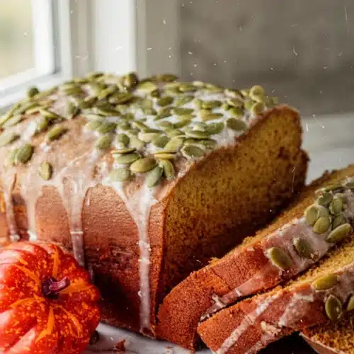 Moist 2lb bread machine pumpkin bread with glaze and pumpkin seeds