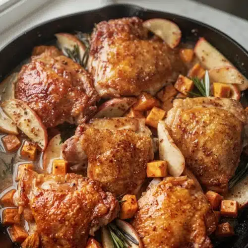 Apple cider glazed chicken thighs with sweet potatoes and apples in a skillet