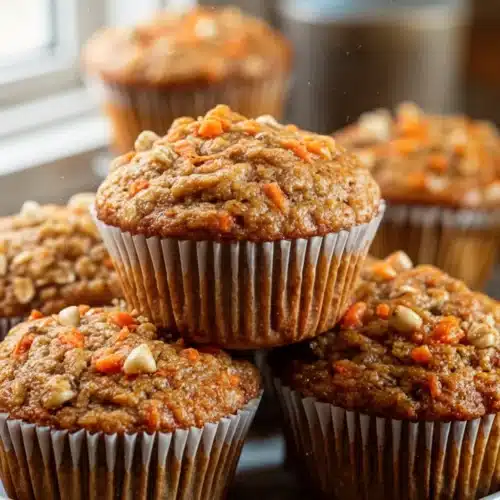 Delicious banana carrot oatmeal muffins with visible carrots and nuts on a plate