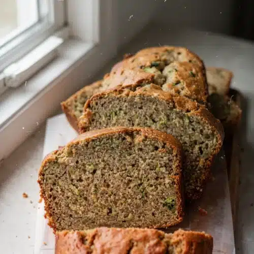 Deliciously Easy Banana Zucchini Bread Recipe 2 Sliced banana zucchini bread on wooden board with visible zucchini pieces