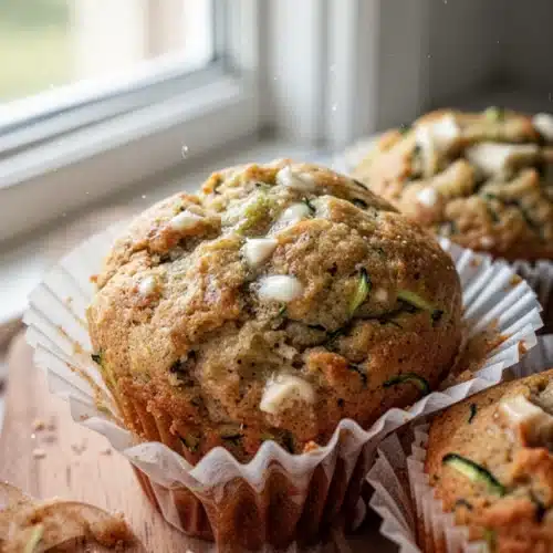 Moist banana zucchini muffin with melted butter, golden crust, and visible zucchini shreds