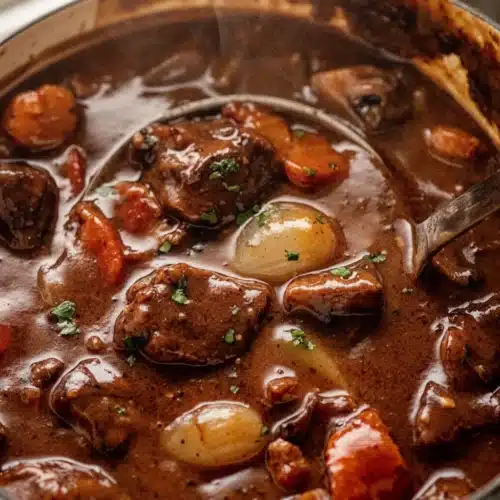 Beef bourguignon with tender beef, pearl onions, and carrots in a rich red wine sauce