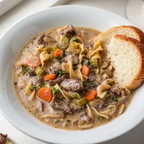 Creamy beef noodle soup with egg noodles, carrots, and parsley in a white bowl