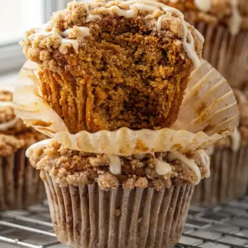 The Best Gluten Free Muffins You’ll Love Instantly! 2 Moist gluten free muffins with streusel and maple drizzle on cooling rack