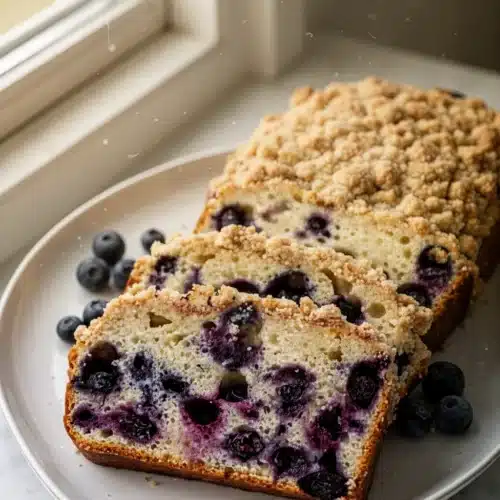 Slices of blueberry bread with crumb topping on a plate with fresh blueberries