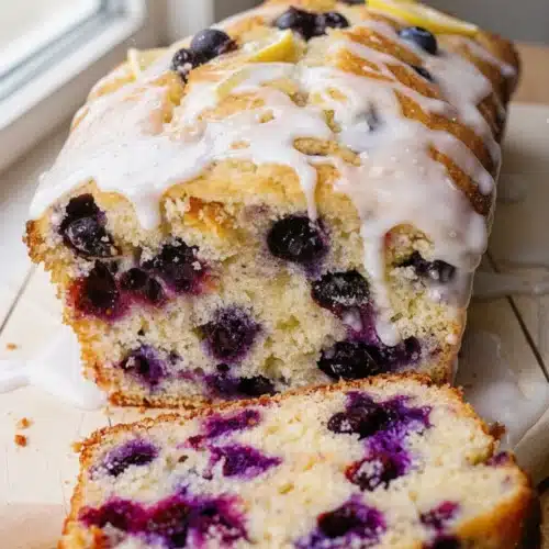 Moist blueberry lemon bread with lemon glaze and fresh blueberries