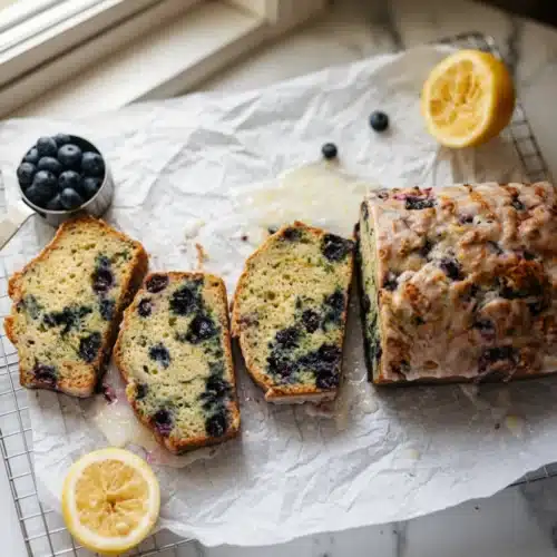Delicious Blueberry Lemon Zucchini Bread You’ll Love 2 Blueberry lemon zucchini bread with lemon glaze, fresh blueberries, and lemon halves on a wire rack