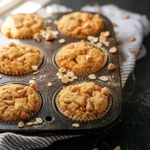 Golden butterscotch chip muffins in a muffin tin with scattered chips