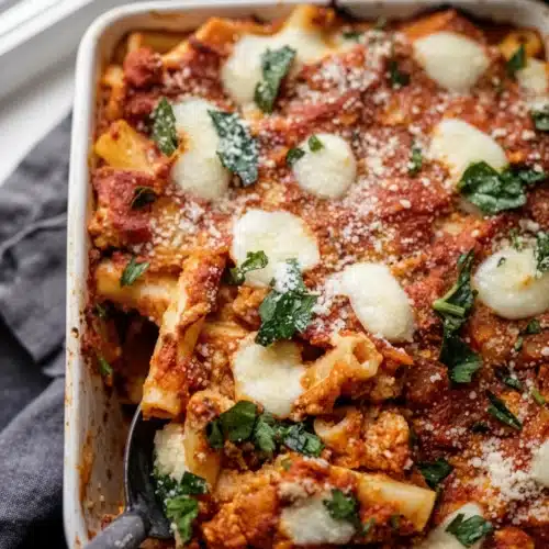 Cheesy pumpkin pasta bake with melted cheese and fresh herbs