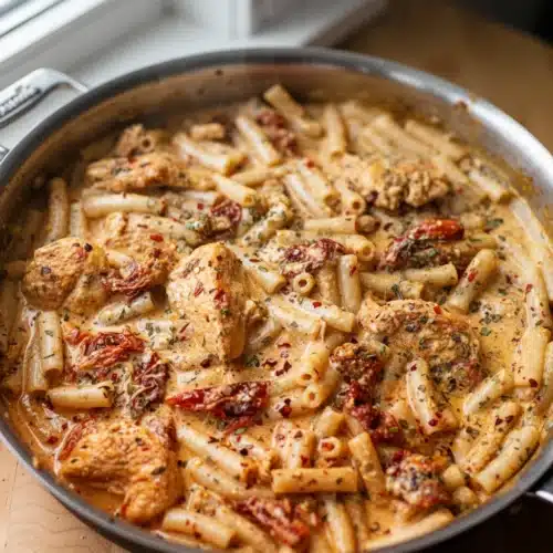 Creamy chicken sun-dried tomato pasta with mozzarella sauce in a skillet