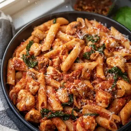 Chicken tomato pasta with penne, chicken, spinach, and Parmesan in a skillet