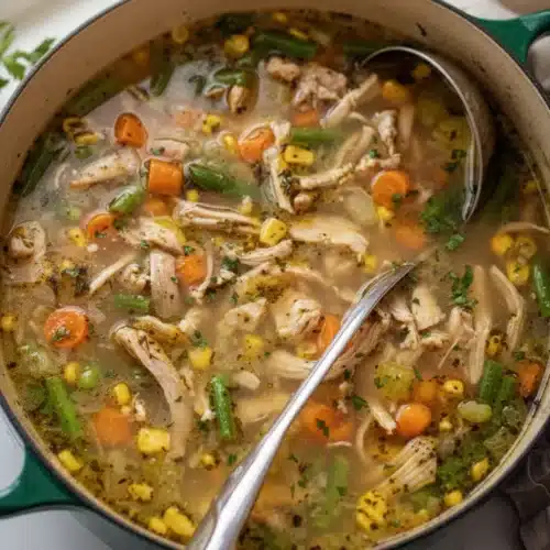 Hearty chicken vegetable soup with carrots, green beans, corn, and herbs in a green pot
