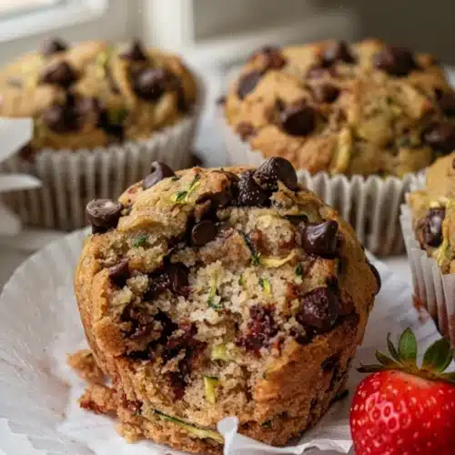 Chocolate chip zucchini strawberry muffin with visible chocolate chips and zucchini, in a white paper liner