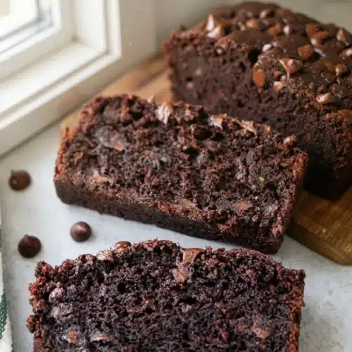 Moist Chocolate Zucchini Bread Recipe That Everyone Loves 2 Moist chocolate zucchini bread slices with chocolate chips and fresh zucchinis