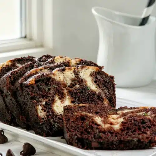 Delicious Chocolate Zucchini Bread Swirl Recipe 2 Sliced chocolate zucchini bread swirl with cream cheese filling and chocolate chips