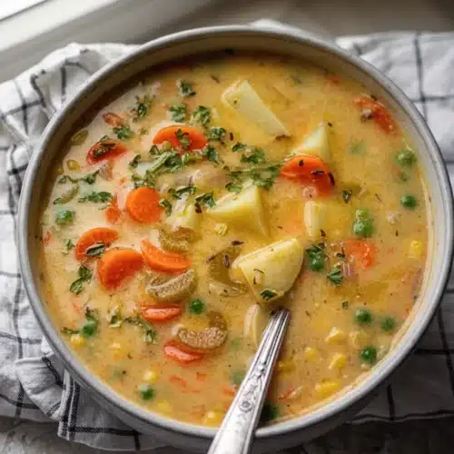 Creamy vegetable soup with carrots, potatoes, peas, and corn in a bowl, garnished with parsley