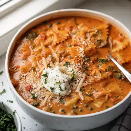 Creamy vegetarian lasagna soup with noodles, cheese, and herbs in a white bowl