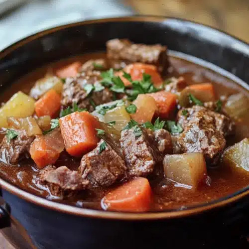Hearty crock pot beef stew with tender beef, carrots, potatoes, and parsley garnish