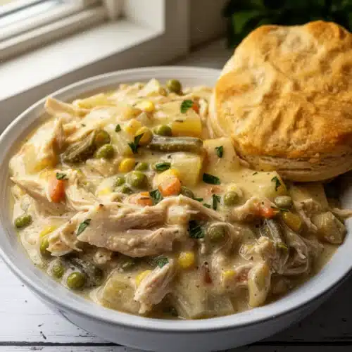 Crock pot chicken pot pie with creamy chicken, vegetables, and a flaky biscuit.