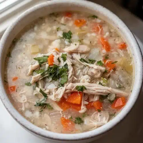 Crock pot chicken rice soup in a white bowl with fresh parsley and vegetables