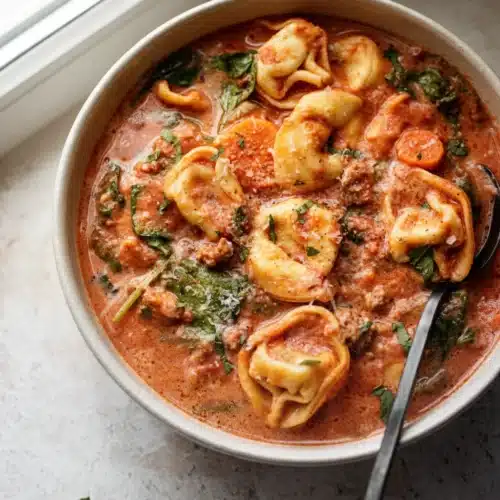 Creamy crockpot tortellini soup with sausage and spinach in a white bowl