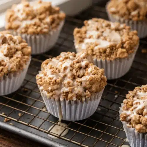 Crumb topping muffins fall with white glaze on cooling rack