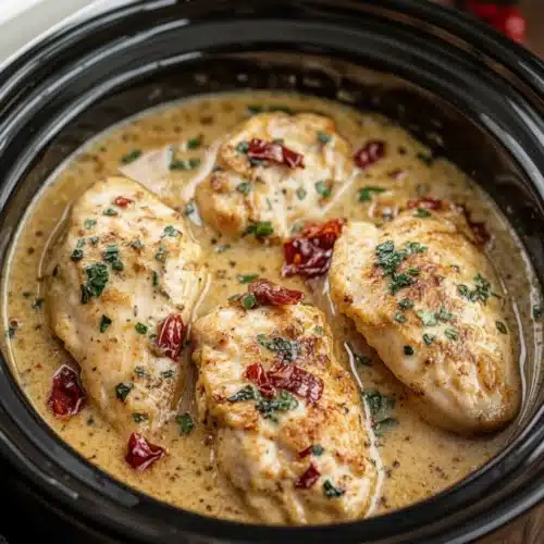 Dump and go crockpot marry me chicken in creamy sauce with herbs and sun-dried tomatoes