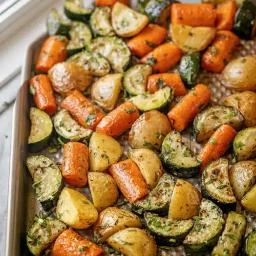 Garlic herb roasted potatoes with carrots and zucchini on a baking sheet