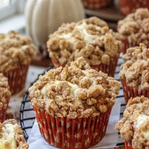 Gluten-free pumpkin cream cheese muffins with crumb topping in orange liners