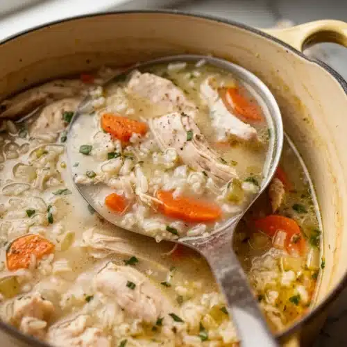 Homemade chicken and rice soup with tender chicken, carrots, and herbs in a yellow pot