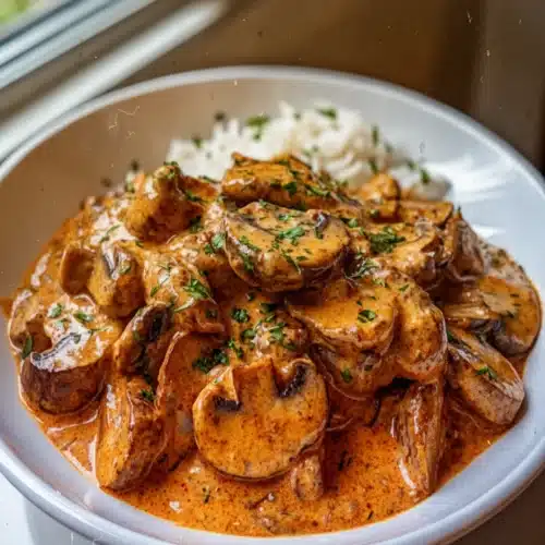 Hungarian mushroom paprikash with creamy sauce and fresh herbs