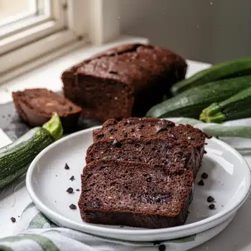 Keto chocolate zucchini bread slice on white plate with fresh zucchini and chocolate chips
