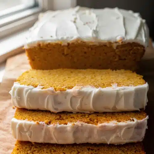 Slices of keto pumpkin bread with cream cheese frosting on parchment paper