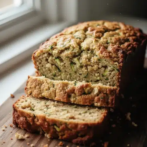 Keto Zucchini Bread: A Delicious Low-Carb Treat 2 Sliced keto zucchini bread on a wooden board, moist and golden-brown
