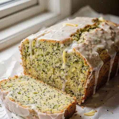 Sliced lemon poppy seed zucchini bread with white glaze on parchment paper