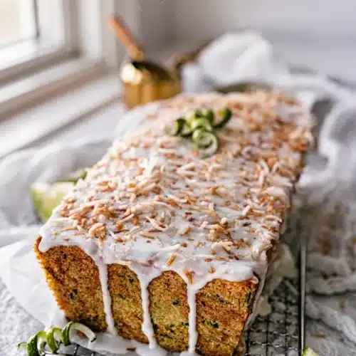 Lime Coconut Zucchini Bread: Irresistibly Moist Delight 2 Lime coconut zucchini bread with white glaze and toasted coconut on a cooling rack