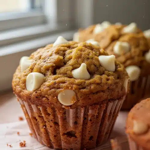 Mini pumpkin muffin with white chocolate chips and walnuts, golden-brown, close-up