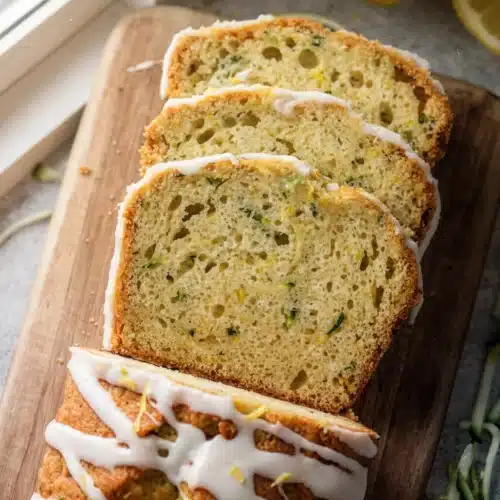 Moist lemon zucchini bread slices with lemon glaze on a wooden board