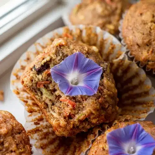 Moist morning glory muffins with carrots, apples, and raisins in paper liners